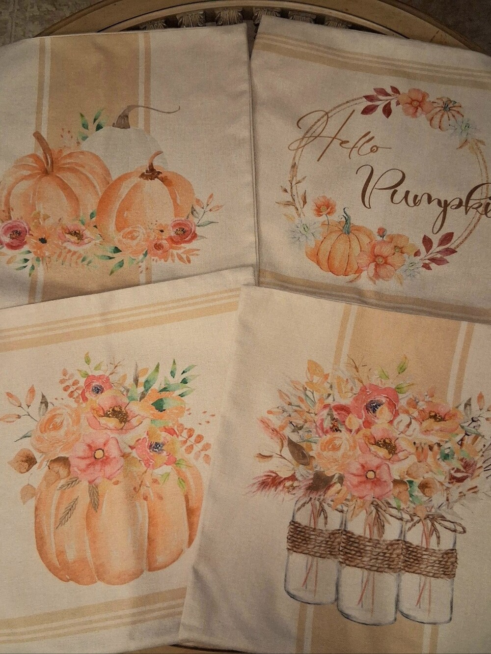 Set of 4 Fall Pumpkin & Flowers Pillow Covers 18x18 Inch Canvas Autumn Decor